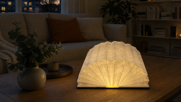 faltbare Buchlampe 2W warm-weiss Holzumschlag, beige Blätter