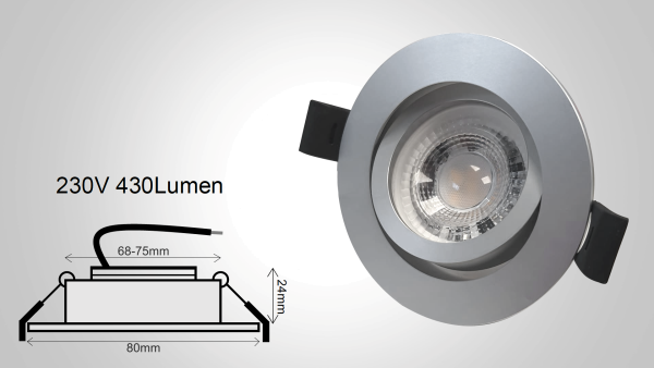5,6W LED Premium Einbaurahmen 230V-dimmbar schwenkbar Aluminium-silber 3000K