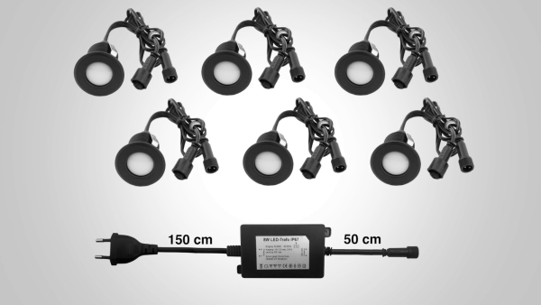 6er-Komplettset Bodeneinbaustrahler IP67 warmweiss Front 40mm schwarz