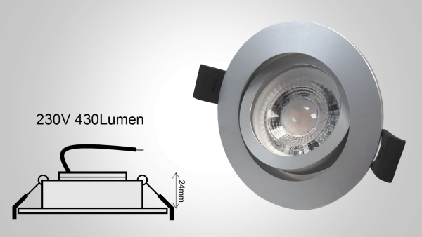 5,6W LED Premium Einbaurahmen 230V-dimmbar schwenkbar Aluminium-silber 3000K